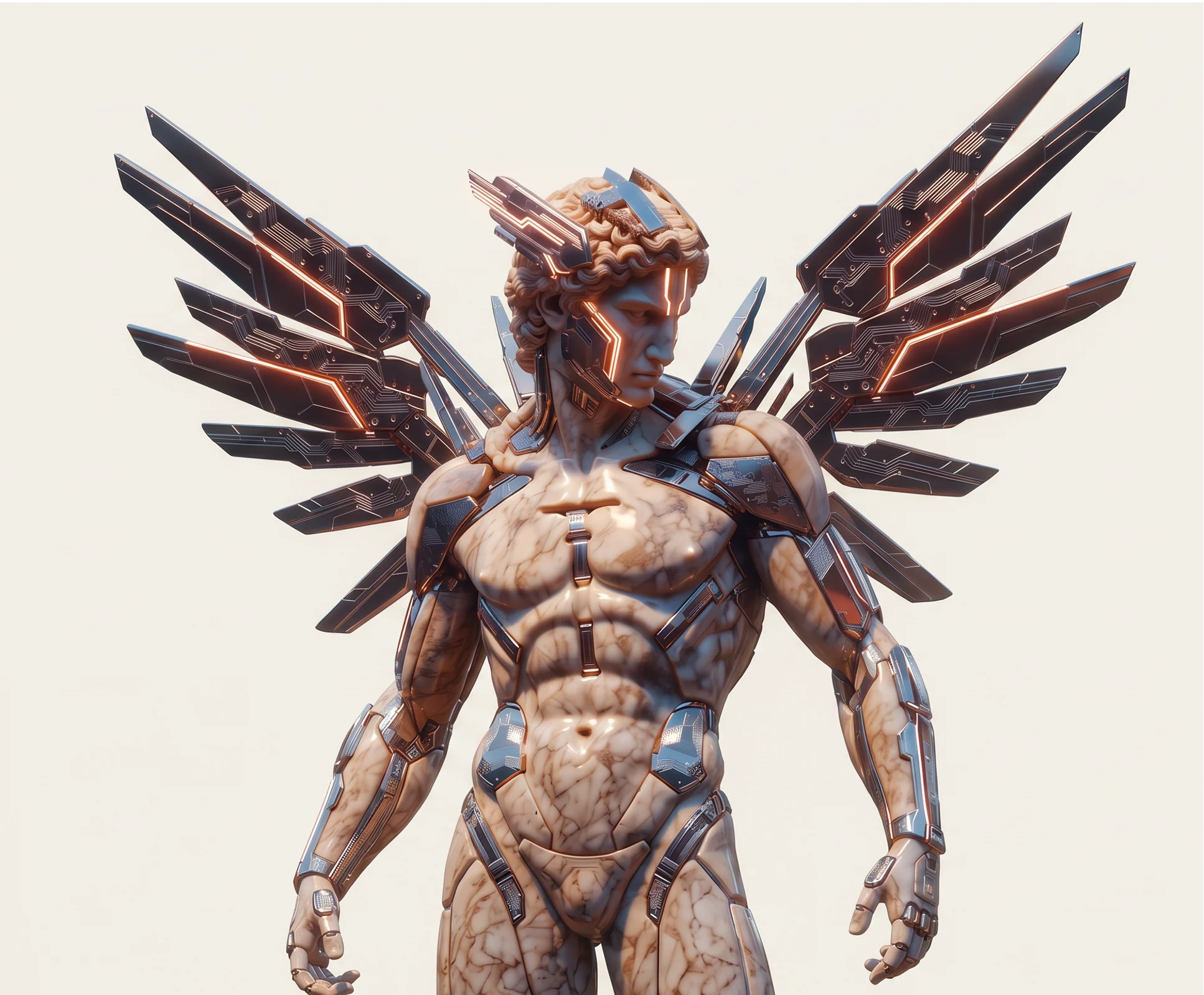A white marble statue in black-and-chrome armour, its face traced with glowing orange circuit lines